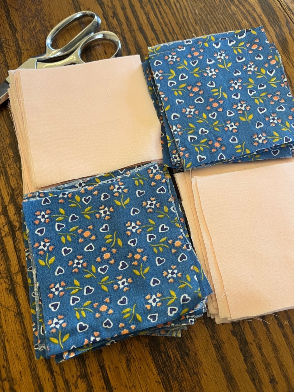 Vintage cottagecore Soft Peach and Floral & heart Blue Cotton Fabric Squares - Picture 2 of 4